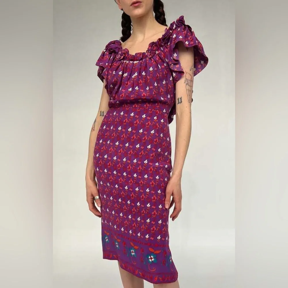 Vintage Christian Dior Silk Floral Dress Purple Ruffle Neck Midi 90s US 8 - Picture 3 of 10